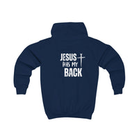 Softstyle Kids Hoodie — "Jesus Has My Back" Christian Youth Pullover with Cross
