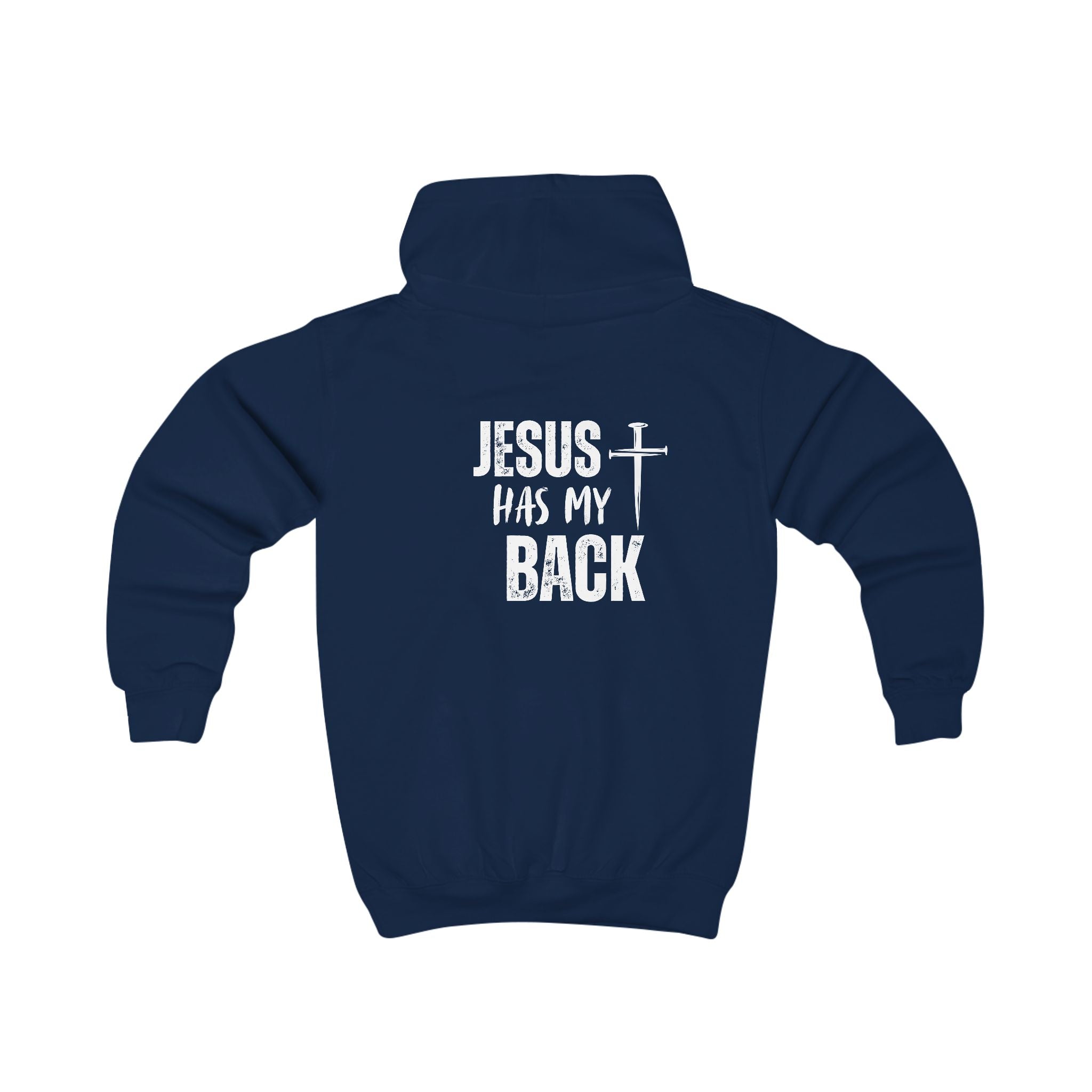 Softstyle Kids Hoodie — "Jesus Has My Back" Christian Youth Pullover with Cross