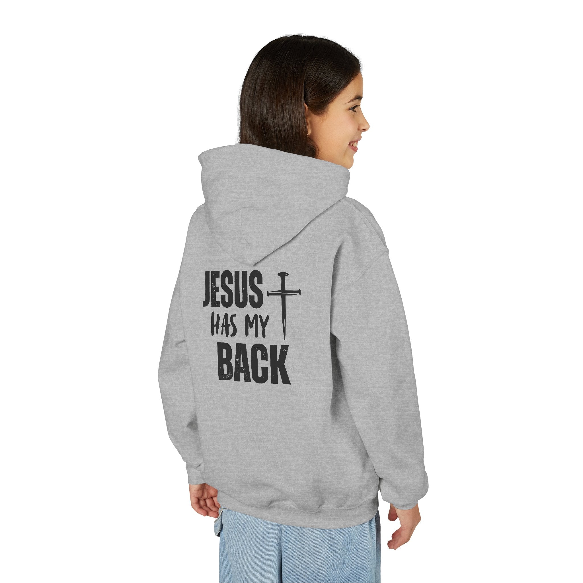 Youth Hoodie - "Jesus Has My Back" Cross Faith Graphic