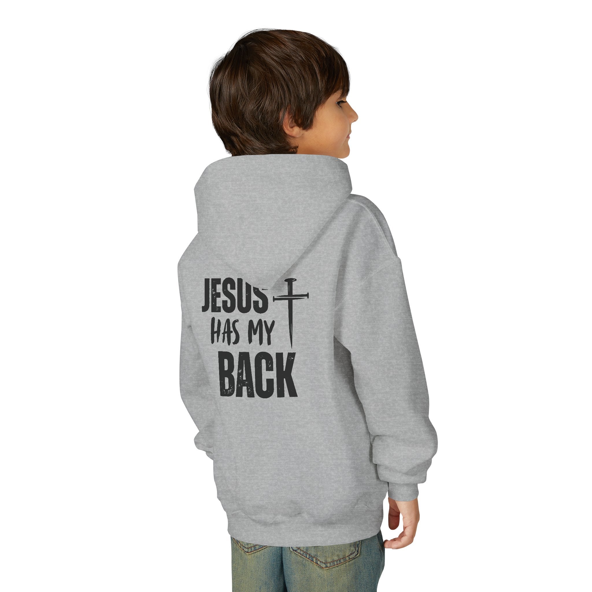Youth Hoodie - "Jesus Has My Back" Cross Faith Graphic