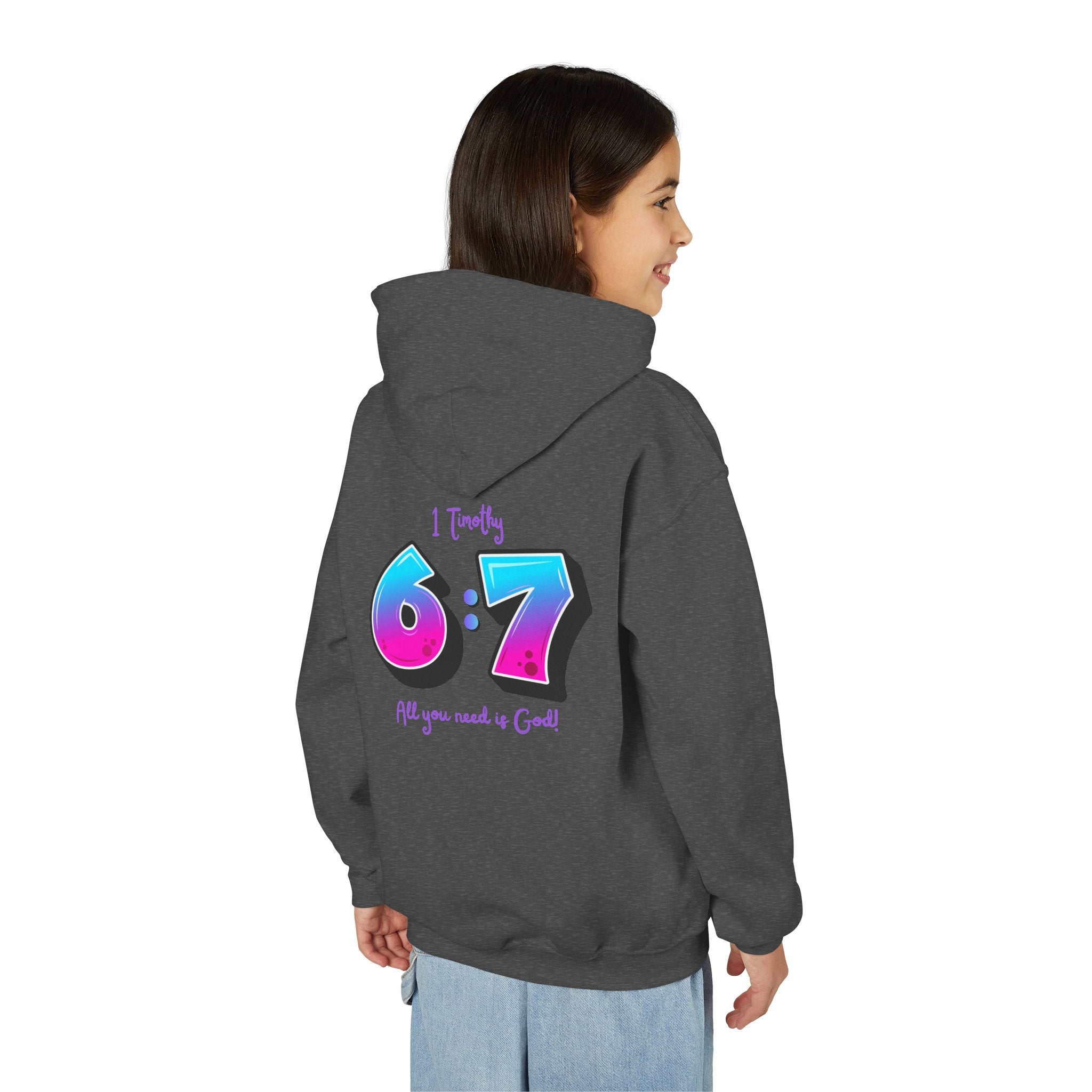 Back design - Youth Hoodie — 'I Timothy 6:7' Colorful Faith Graphic Hoodie (All You Need Is God)