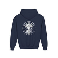 Back design Youth Hoodie - "Jesus Saves, Bruh!" Cross Christian Pullover