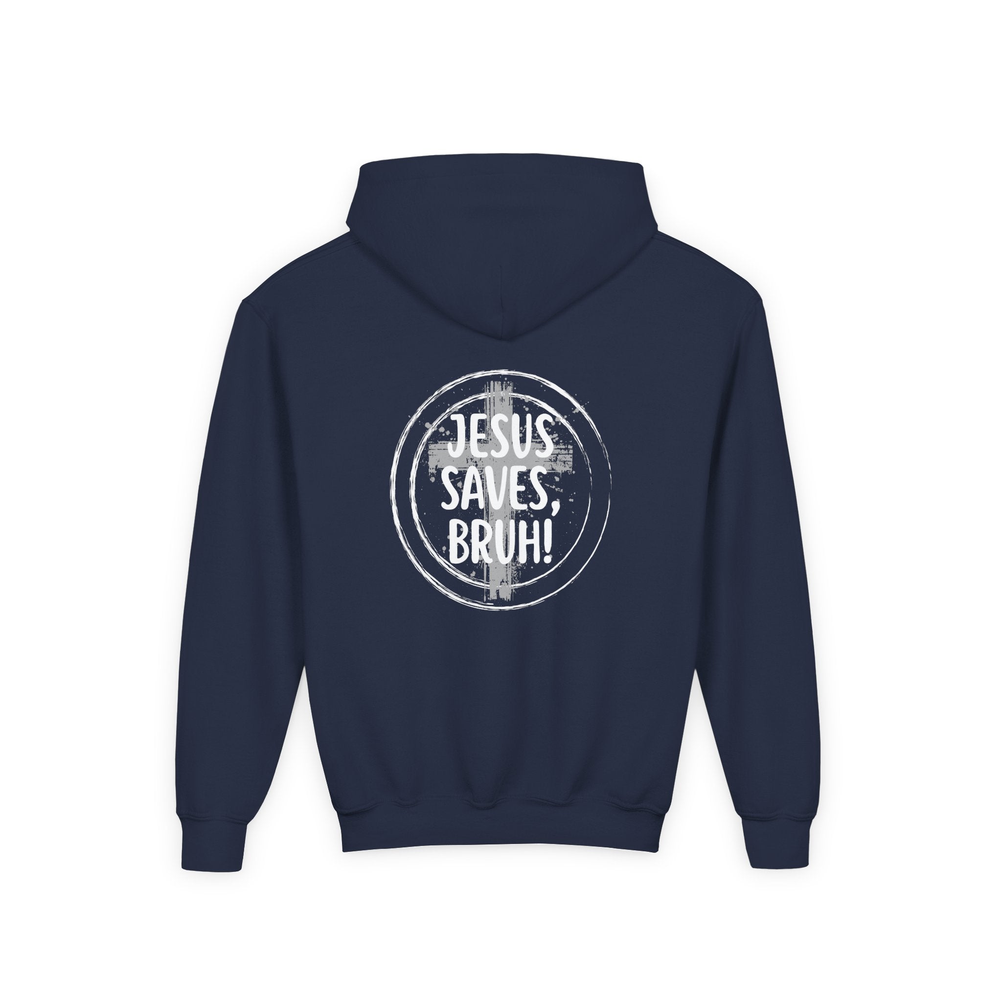 Back design Youth Hoodie - "Jesus Saves, Bruh!" Cross Christian Pullover