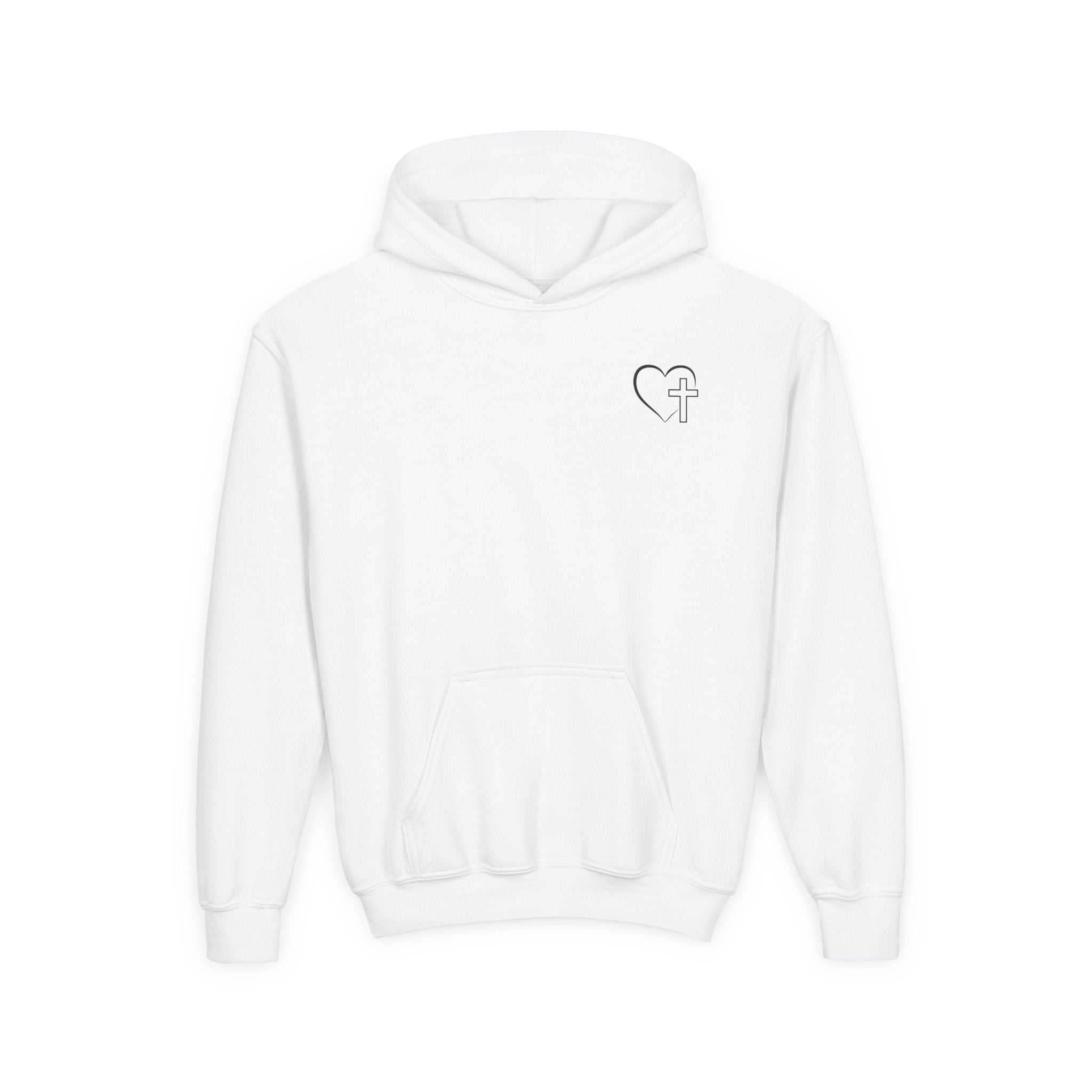 Youth Hoodie — "Jesus Has My Back" Christian Heart Cross Sweatshirt