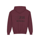 Youth Hoodie — "Jesus Has My Back" Christian Heart Cross Sweatshirt