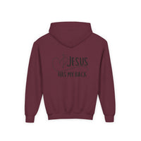 Youth Hoodie — "Jesus Has My Back" Christian Heart Cross Sweatshirt