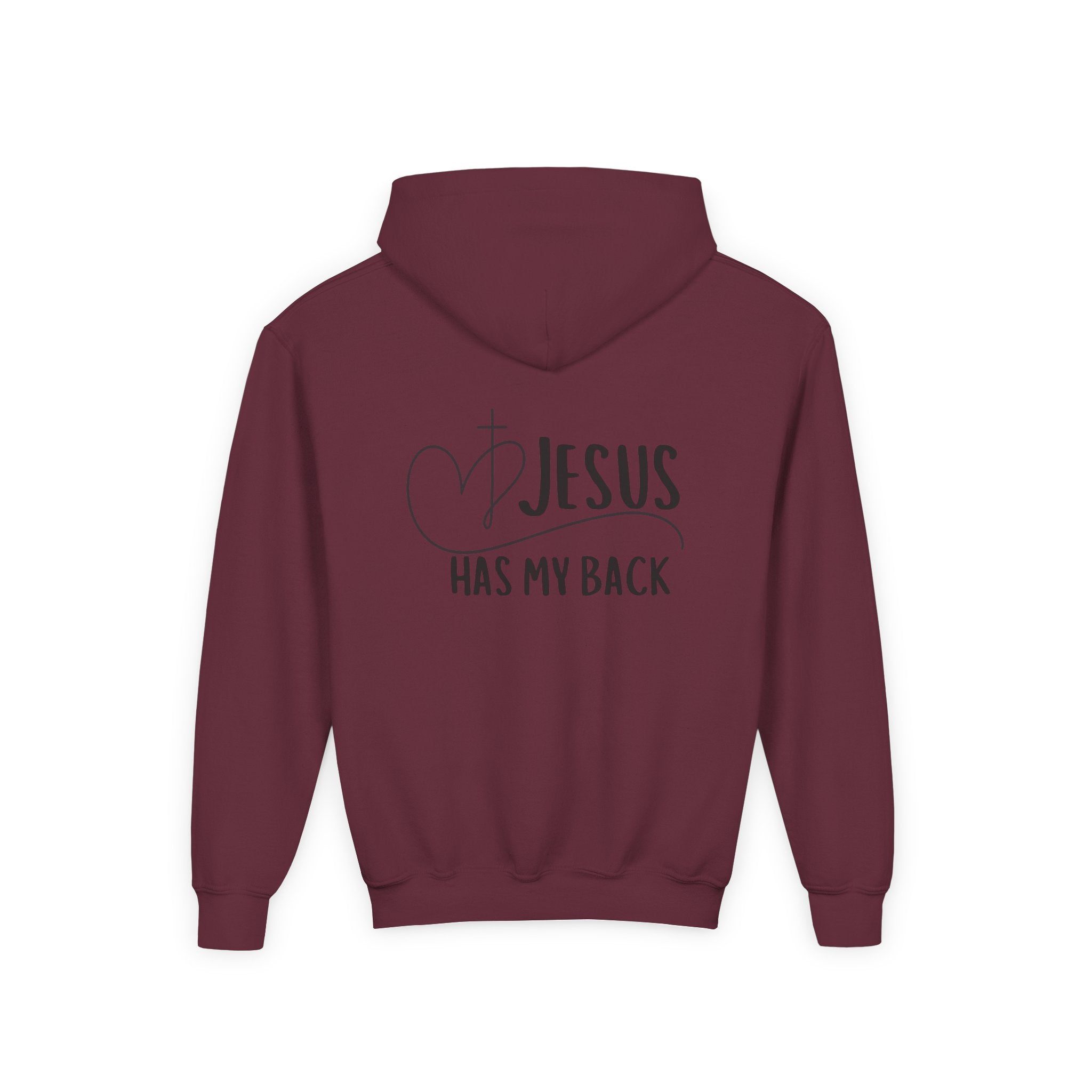 Youth Hoodie — "Jesus Has My Back" Christian Heart Cross Sweatshirt