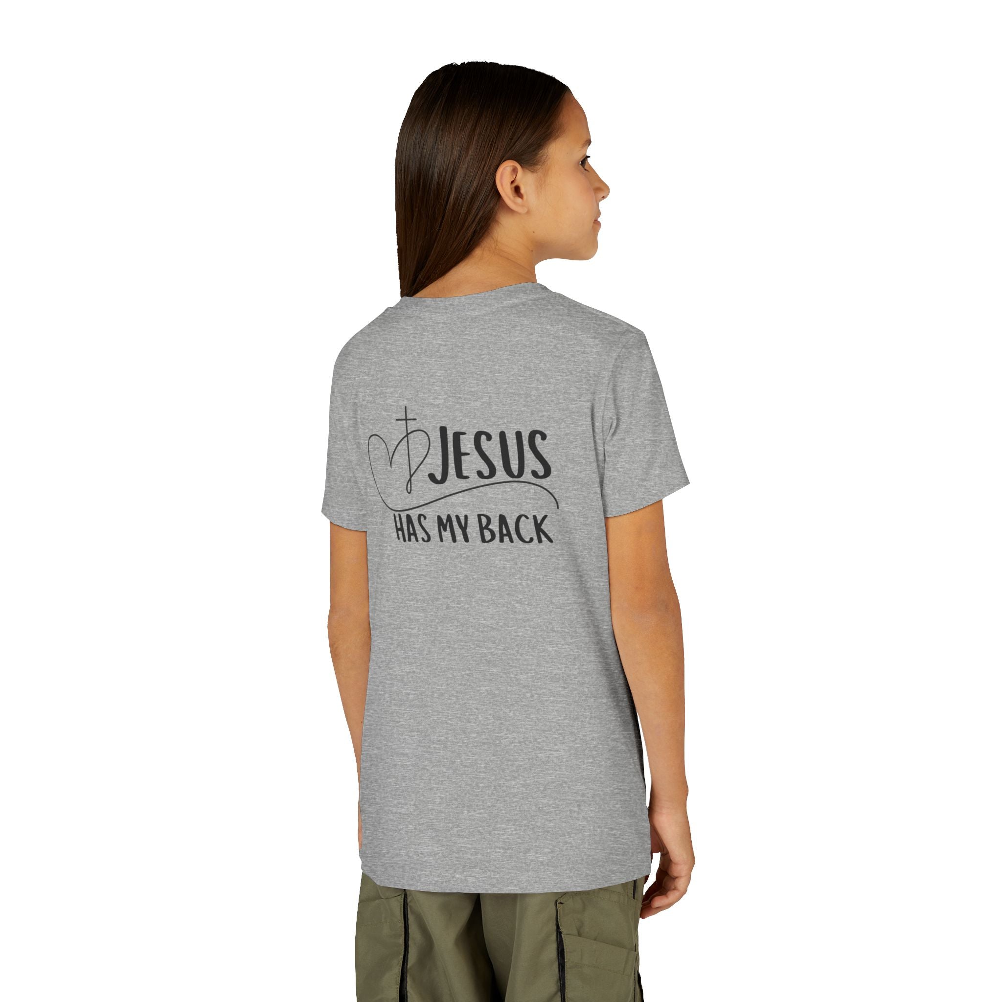 Back design - Youth Tee - "Jesus Has My Back" Christian Faith Shirt