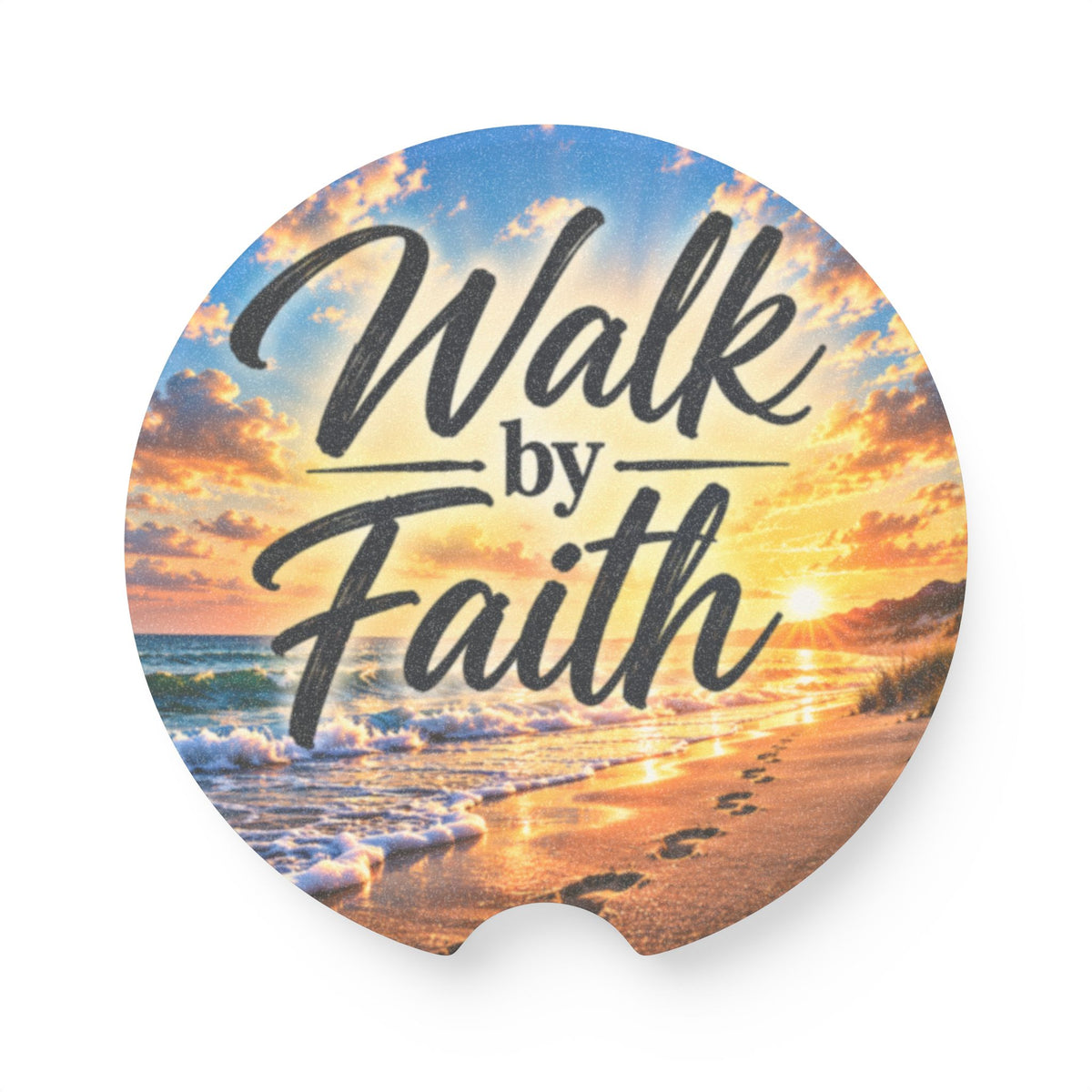 Walk by Faith – Beach Sunrise Christian Car Coaster