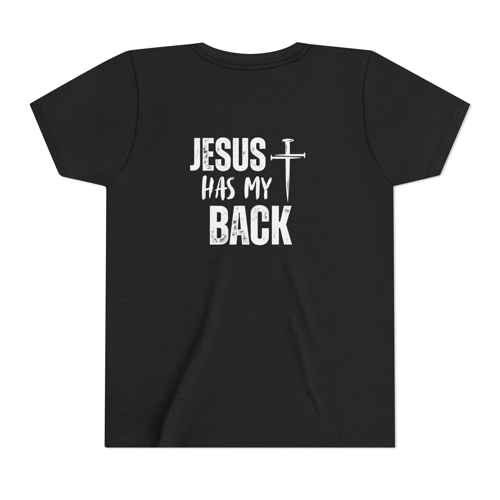 Back design - Youth Tee - "Jesus Has My Back" Cross Christian Graphic Shirt