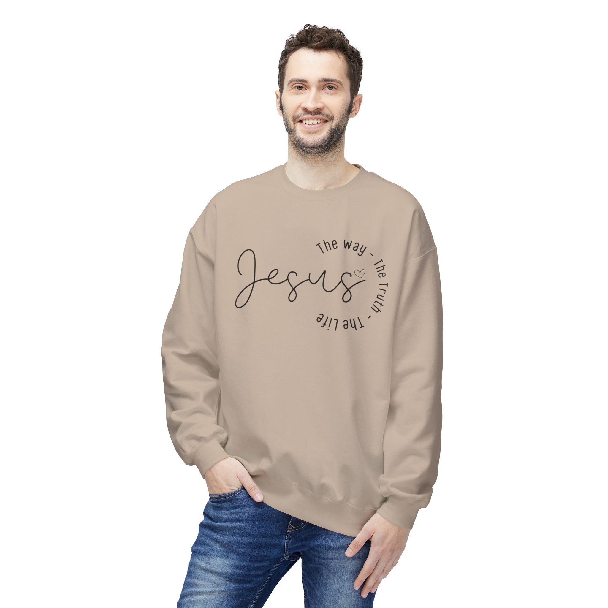 Jesus Circle Script Crewneck Sweatshirt — "Jesus: The Way, The Truth, The Life" Christian Pullover