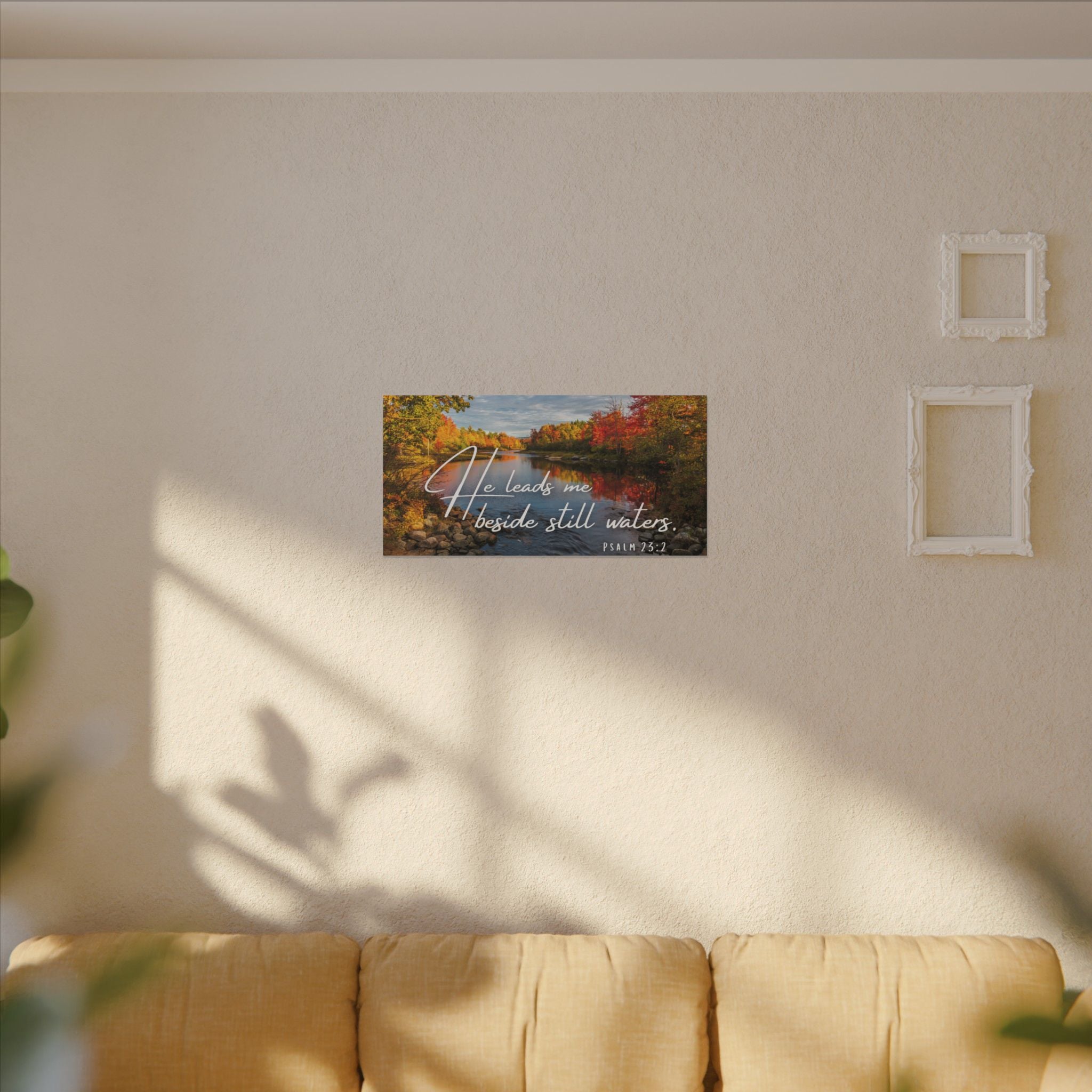 He Leads Me Beside Still Waters Matte Canvas Wall Art — Psalm 23:2 Autumn River Religious Decor