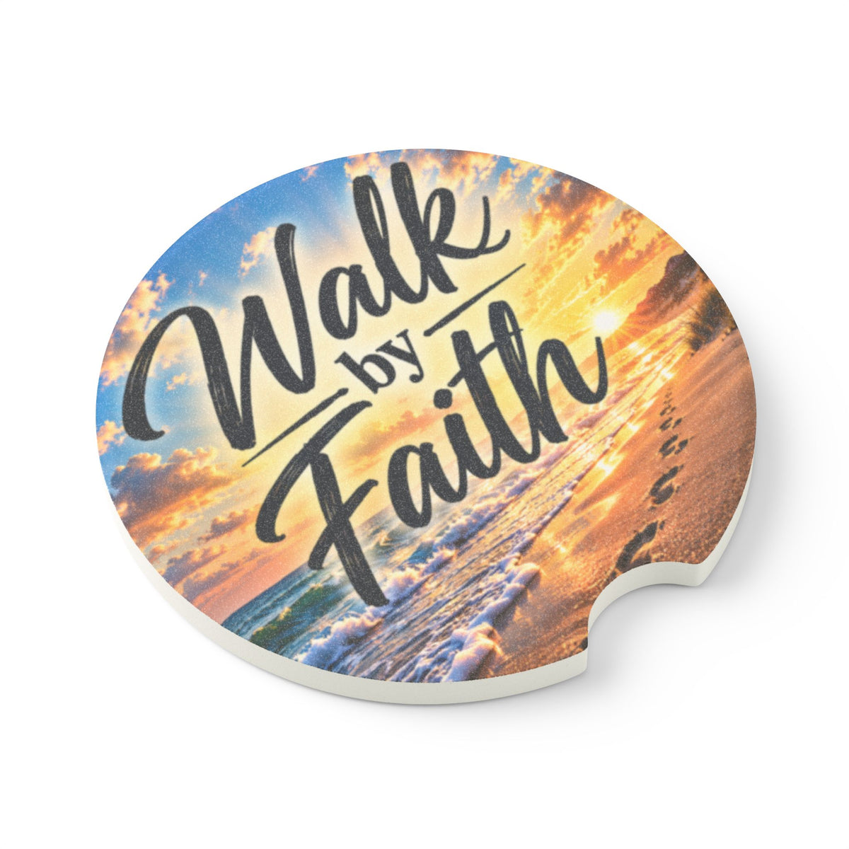 Walk by Faith – Beach Sunrise Christian Car Coaster