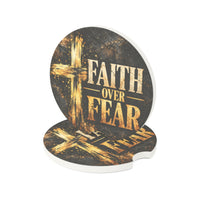 Faith Over Fear – Rustic Cross Christian Car Coaster