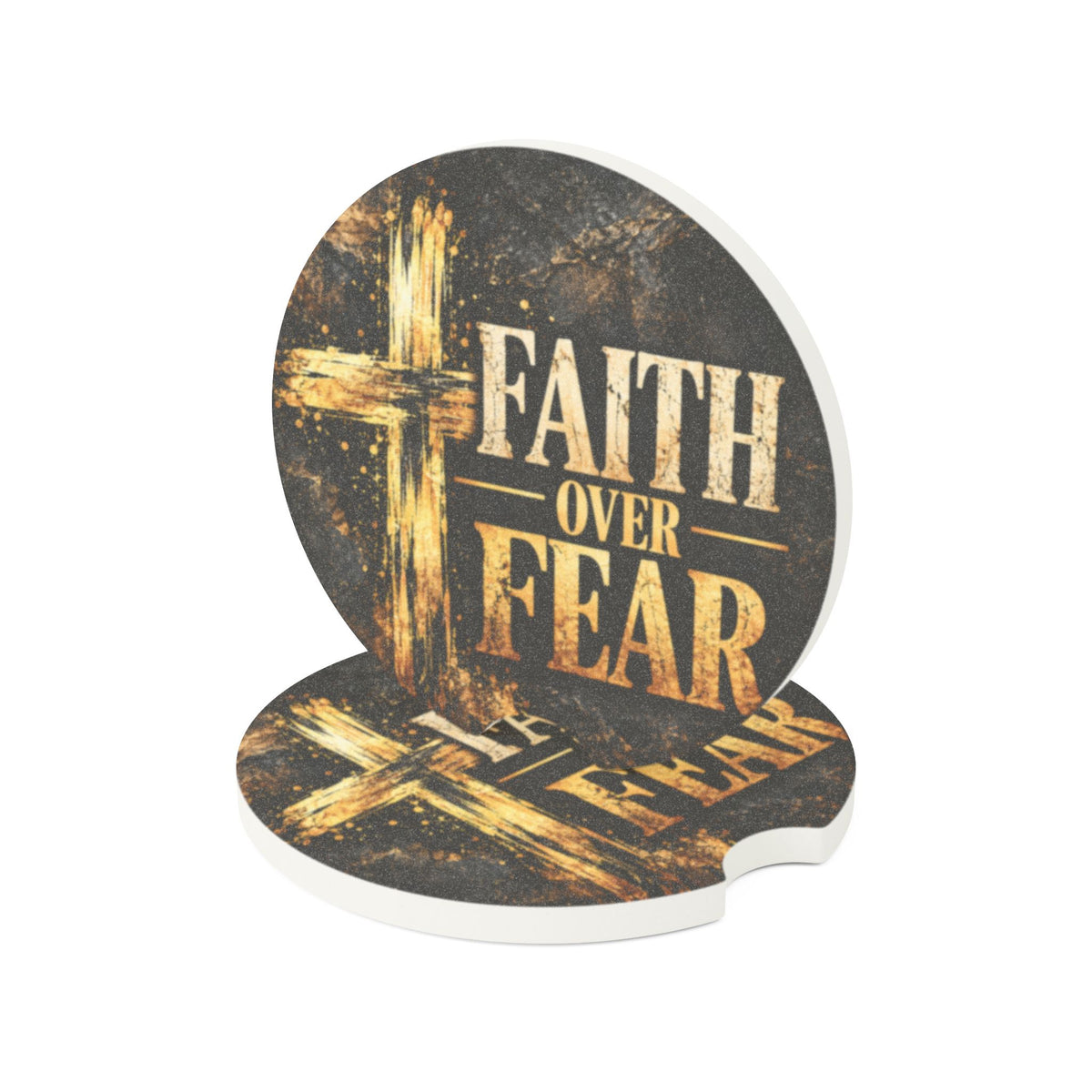 Faith Over Fear – Rustic Cross Christian Car Coaster