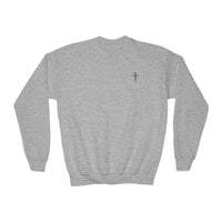 Back design - Youth Crewneck Sweatshirt - 1 Timothy 6:7 Faith Graphic (All You Need Is God)