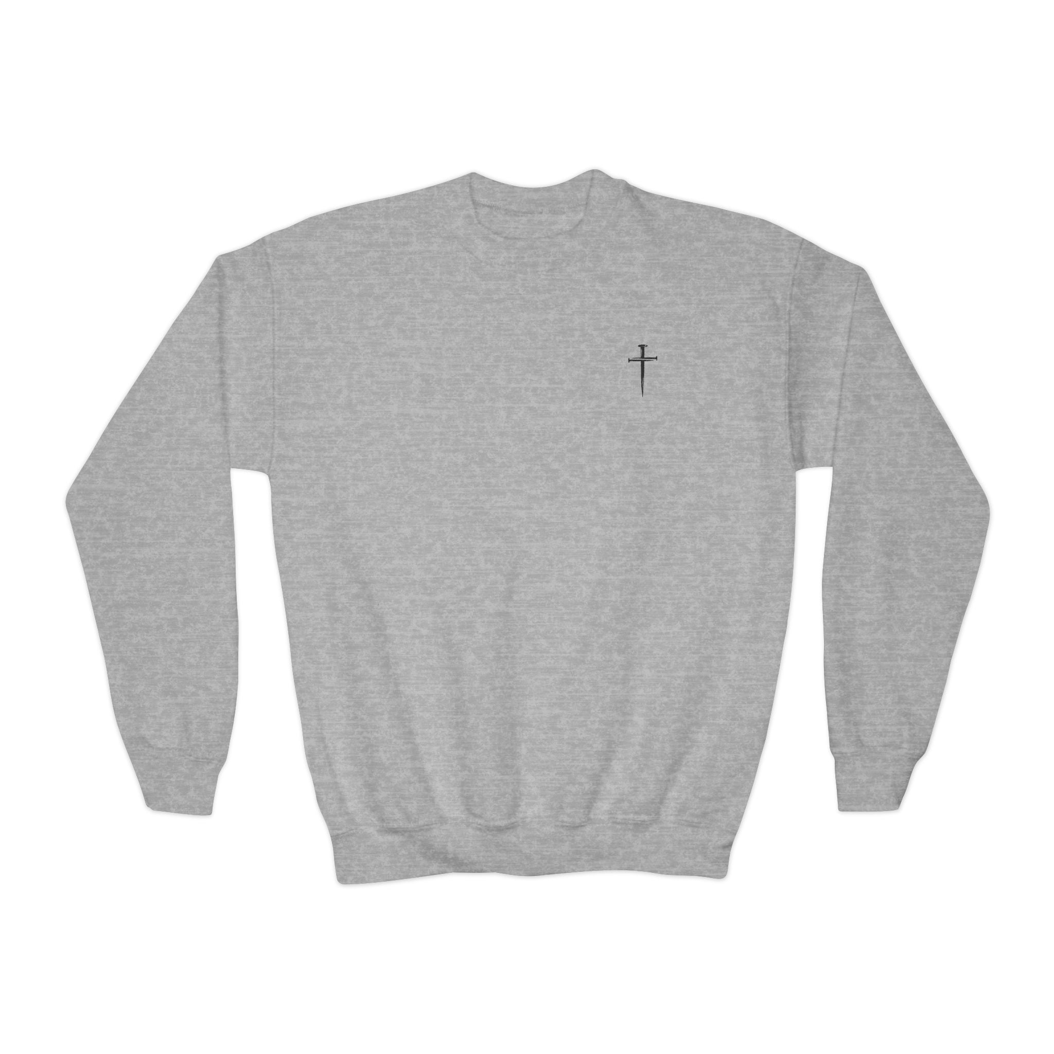 Back design - Youth Crewneck Sweatshirt - 1 Timothy 6:7 Faith Graphic (All You Need Is God)
