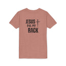 Back design - Youth Tee - "Jesus Has My Back" Cross Christian Graphic Shirt