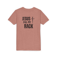 Back design - Youth Tee - "Jesus Has My Back" Cross Christian Graphic Shirt