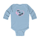 Infant Bodysuit - "Walk by Faith" Pink Heart & Footprints Long Sleeve Baby Onesie