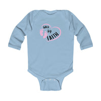 Infant Bodysuit - "Walk by Faith" Pink Heart & Footprints Long Sleeve Baby Onesie