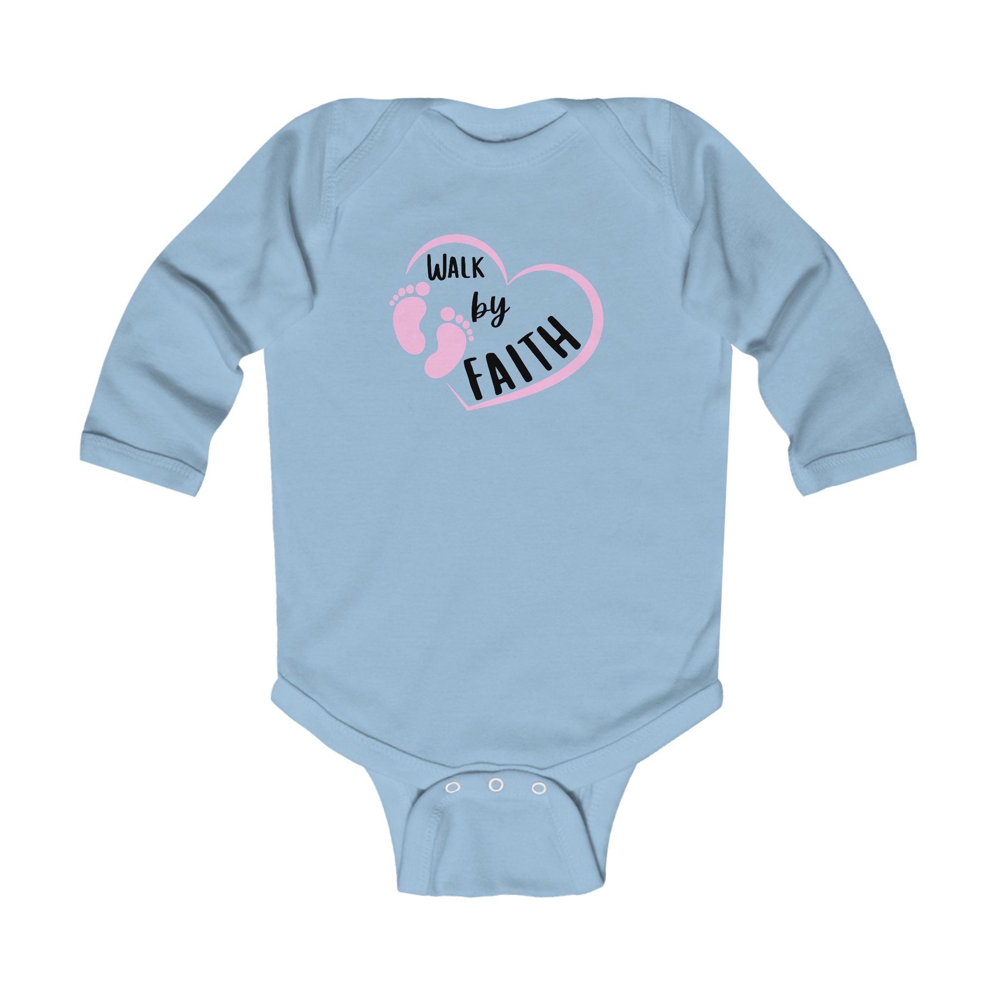 Infant Bodysuit - "Walk by Faith" Pink Heart & Footprints Long Sleeve Baby Onesie