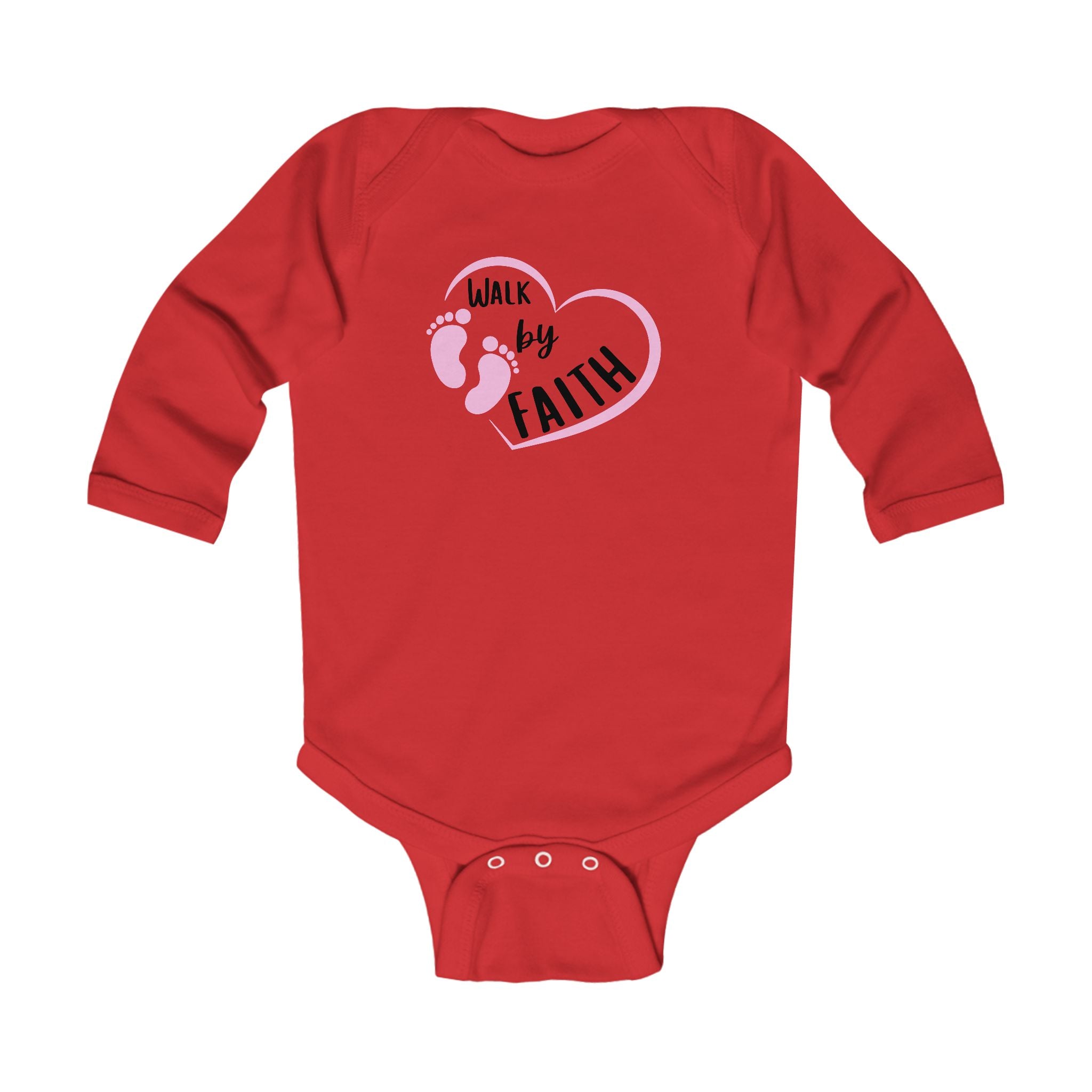 Infant Bodysuit - "Walk by Faith" Pink Heart & Footprints Long Sleeve Baby Onesie