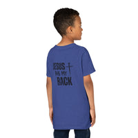 Back design - Youth Tee - "Jesus Has My Back" Cross Christian Graphic Shirt