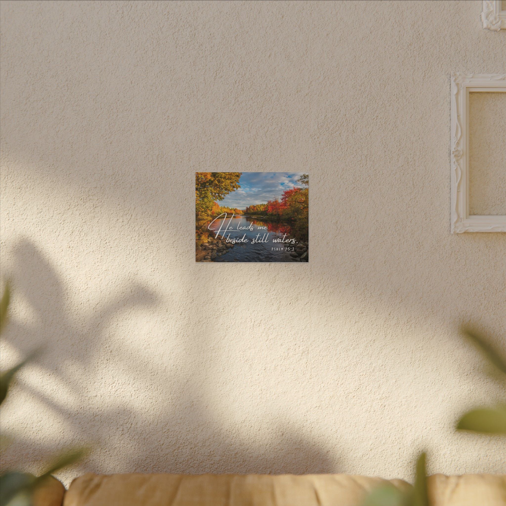 He Leads Me Beside Still Waters Matte Canvas Wall Art — Psalm 23:2 Autumn River Religious Decor