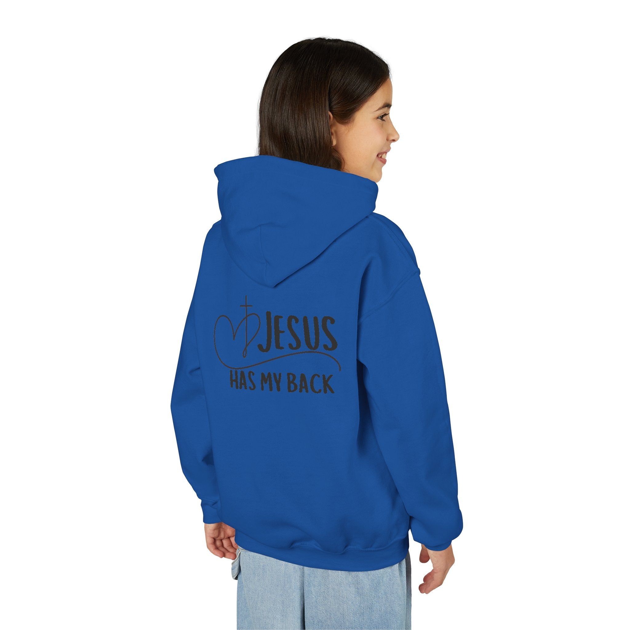 Youth Hoodie — "Jesus Has My Back" Christian Heart Cross Sweatshirt