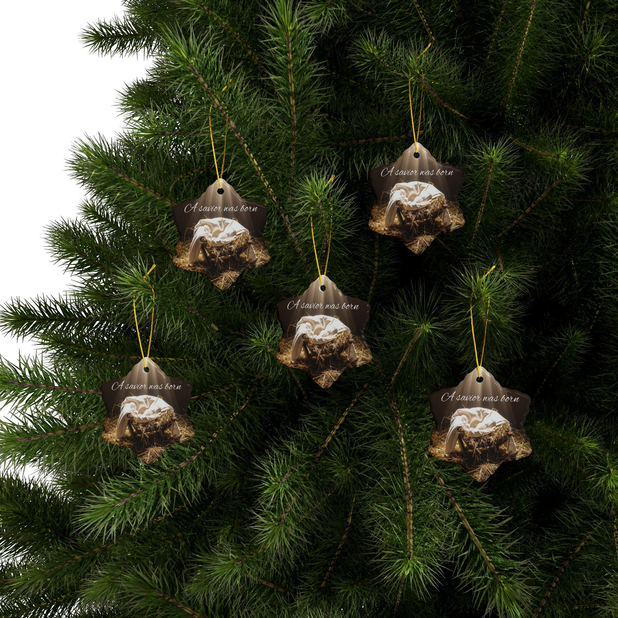 Ceramic Ornament — "A Savior Was Born" Nativity Christmas Tree Decoration