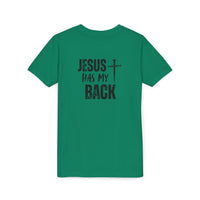 Back design - Youth Tee - "Jesus Has My Back" Cross Christian Graphic Shirt