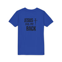 Back design - Youth Tee - "Jesus Has My Back" Cross Christian Graphic Shirt