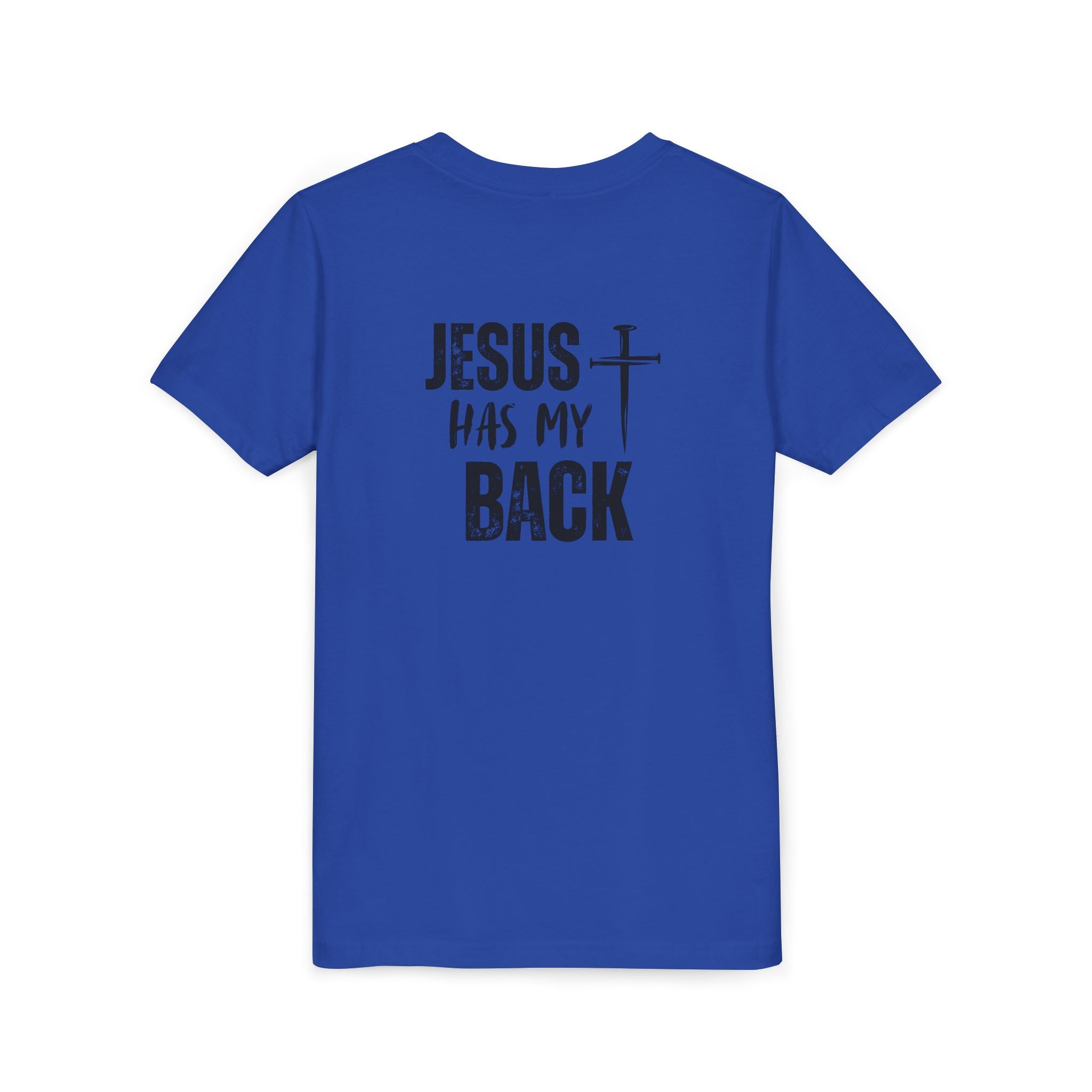 Back design - Youth Tee - "Jesus Has My Back" Cross Christian Graphic Shirt