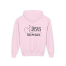 Youth Hoodie — "Jesus Has My Back" Christian Heart Cross Sweatshirt