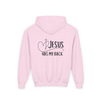 Youth Hoodie — "Jesus Has My Back" Christian Heart Cross Sweatshirt