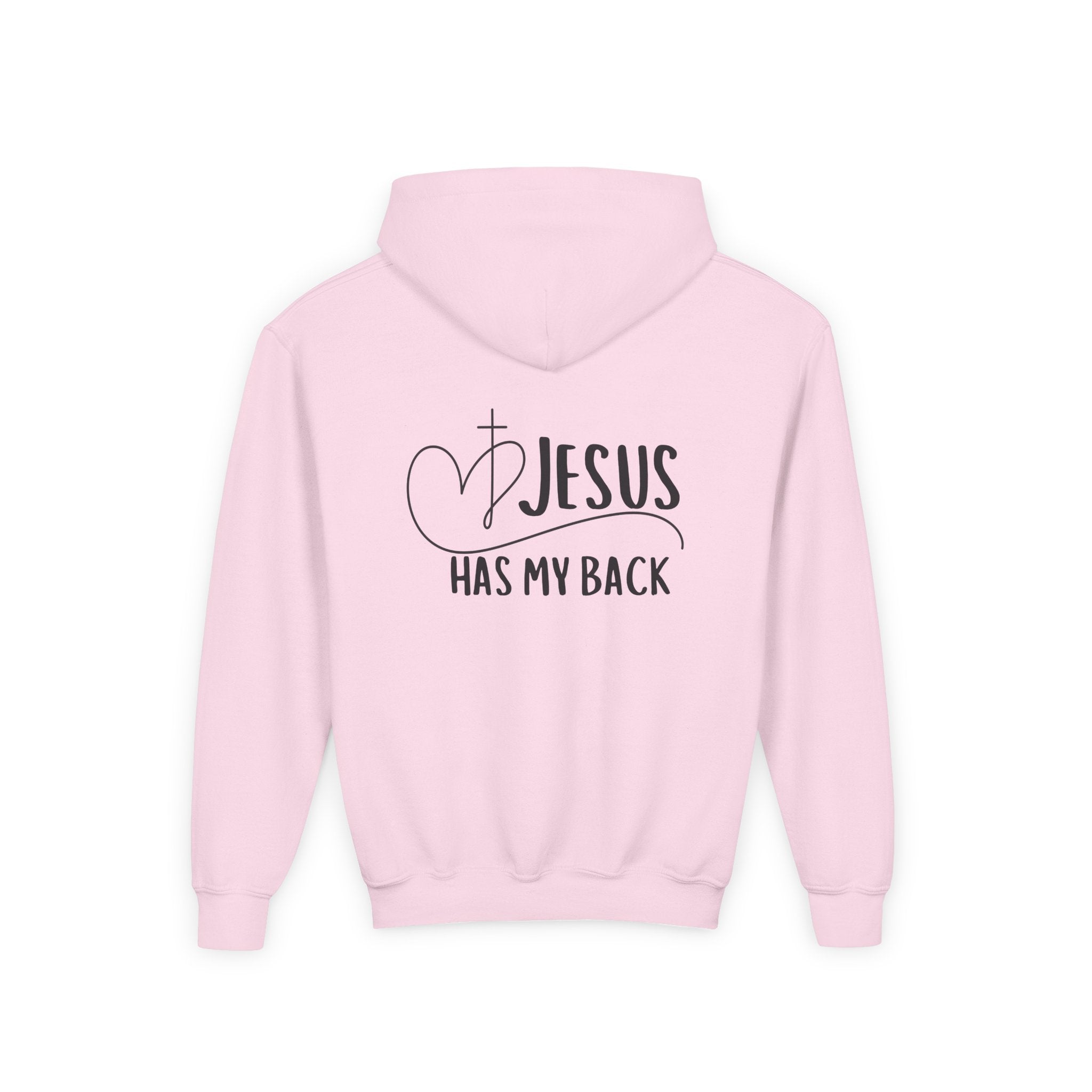 Youth Hoodie — "Jesus Has My Back" Christian Heart Cross Sweatshirt