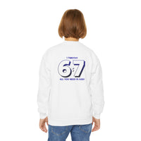 Back design - Youth Crewneck Sweatshirt - 1 Timothy 6:7 Faith Graphic (All You Need Is God)