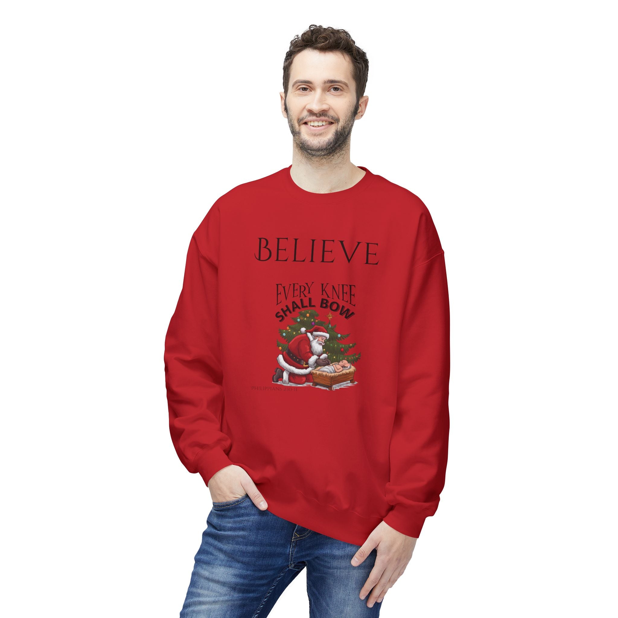 Believe Every Knee Shall Bow Christmas Sweatshirt - Christian Sweatshirts for Women Men - Christmas Sweatshirts for Christians  - Faith Christmas Sweatshirts