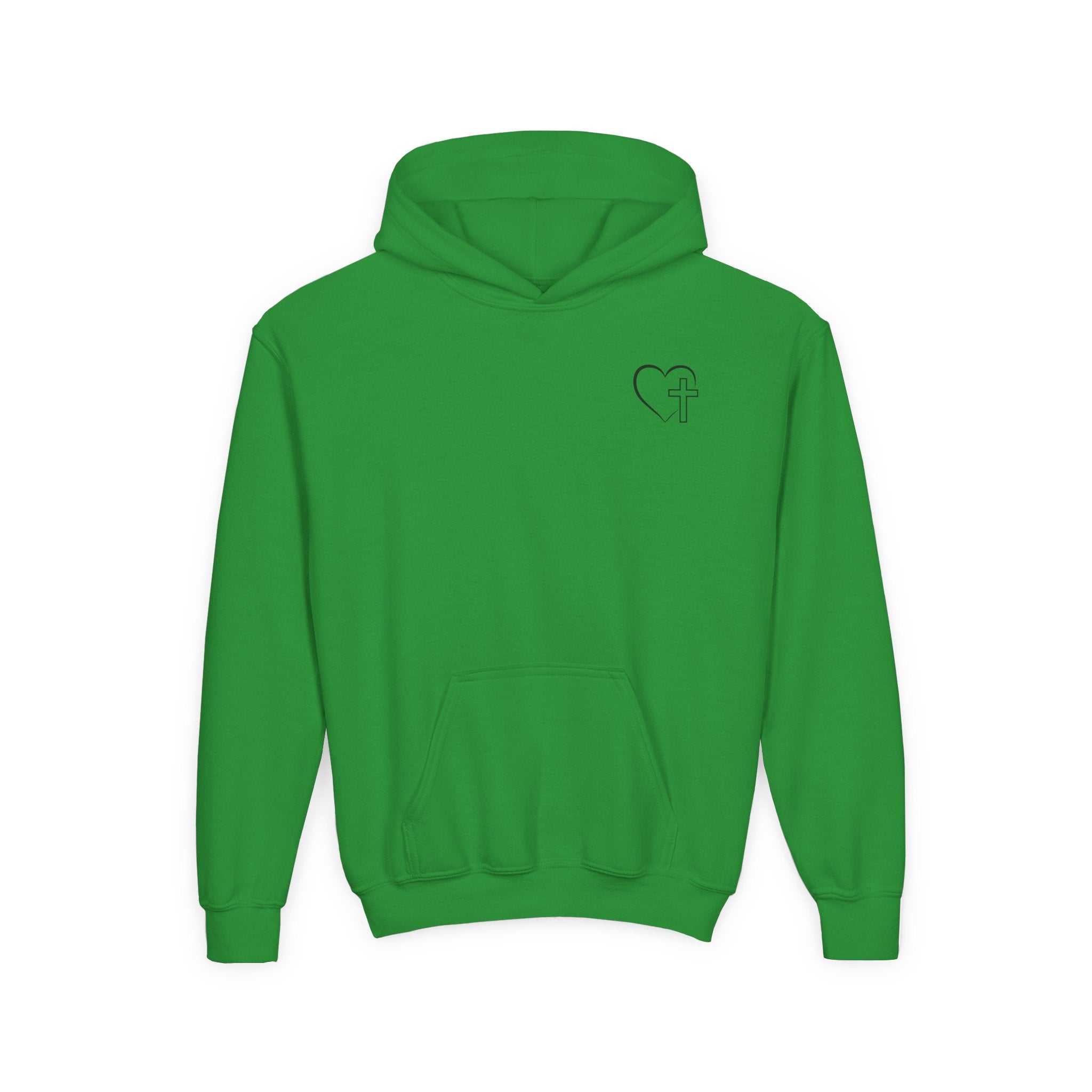 Youth Hoodie — "Jesus Has My Back" Christian Heart Cross Sweatshirt