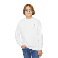 Back design - Youth Crewneck Sweatshirt - 1 Timothy 6:7 Faith Graphic (All You Need Is God)