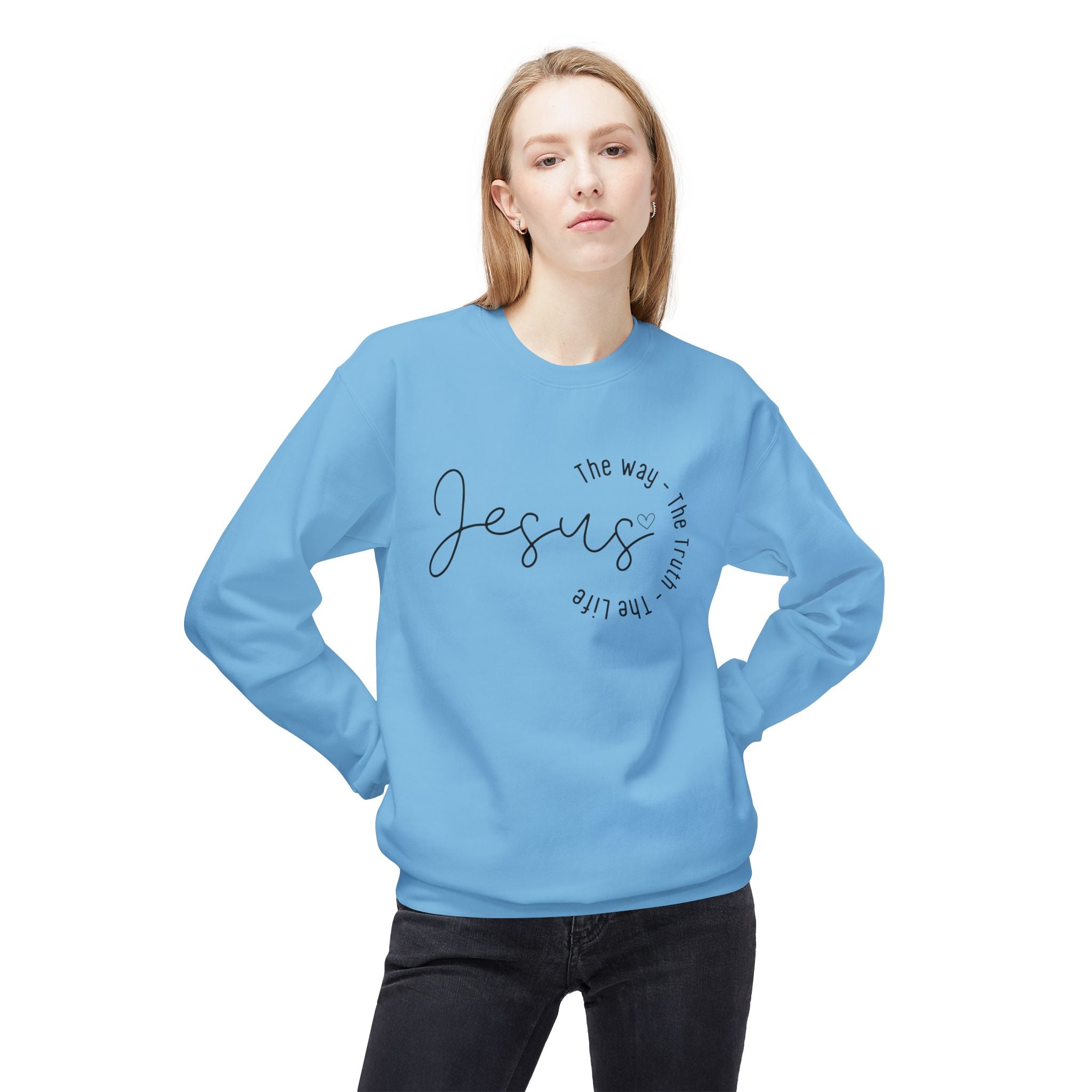 Jesus Circle Script Crewneck Sweatshirt — "Jesus: The Way, The Truth, The Life" Christian Pullover