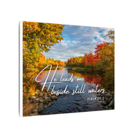 He Leads Me Beside Still Waters Matte Canvas Wall Art — Psalm 23:2 Autumn River Religious Decor