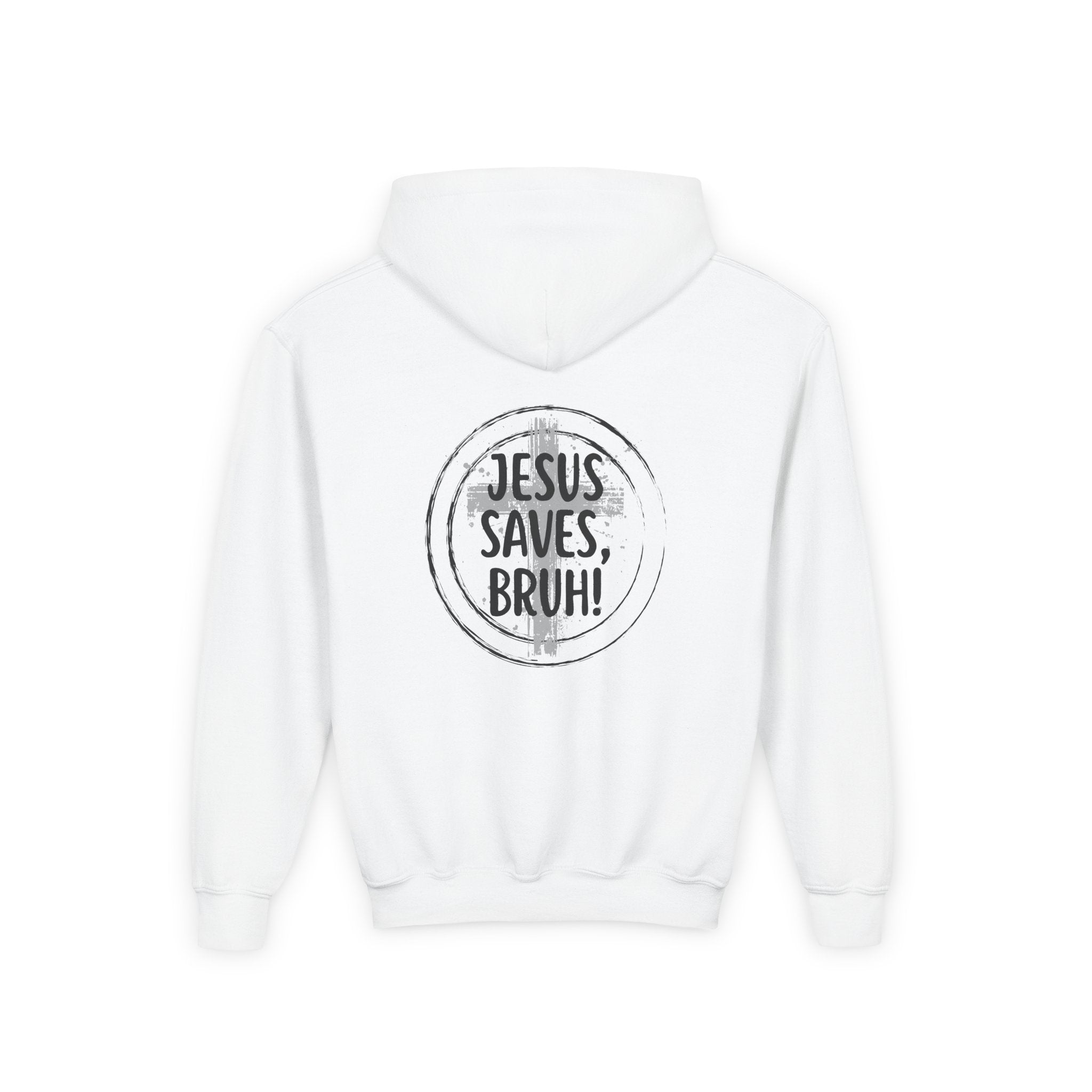 Back design Youth Hoodie - "Jesus Saves, Bruh!" Cross Christian Pullover