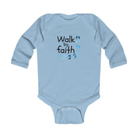 Infant Bodysuit - "Walk by Faith" Blue Footprints Long Sleeve Baby Onesie