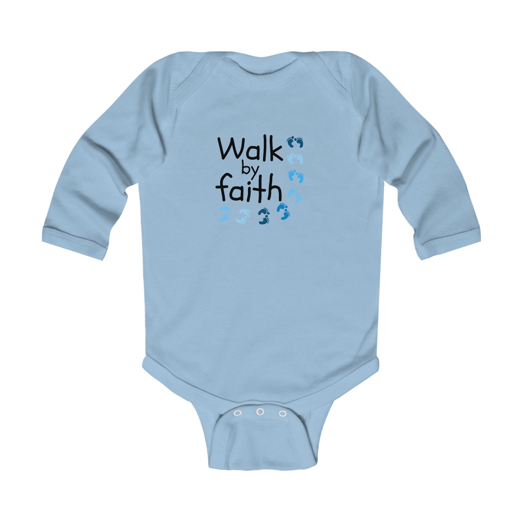 Infant Bodysuit - "Walk by Faith" Blue Footprints Long Sleeve Baby Onesie