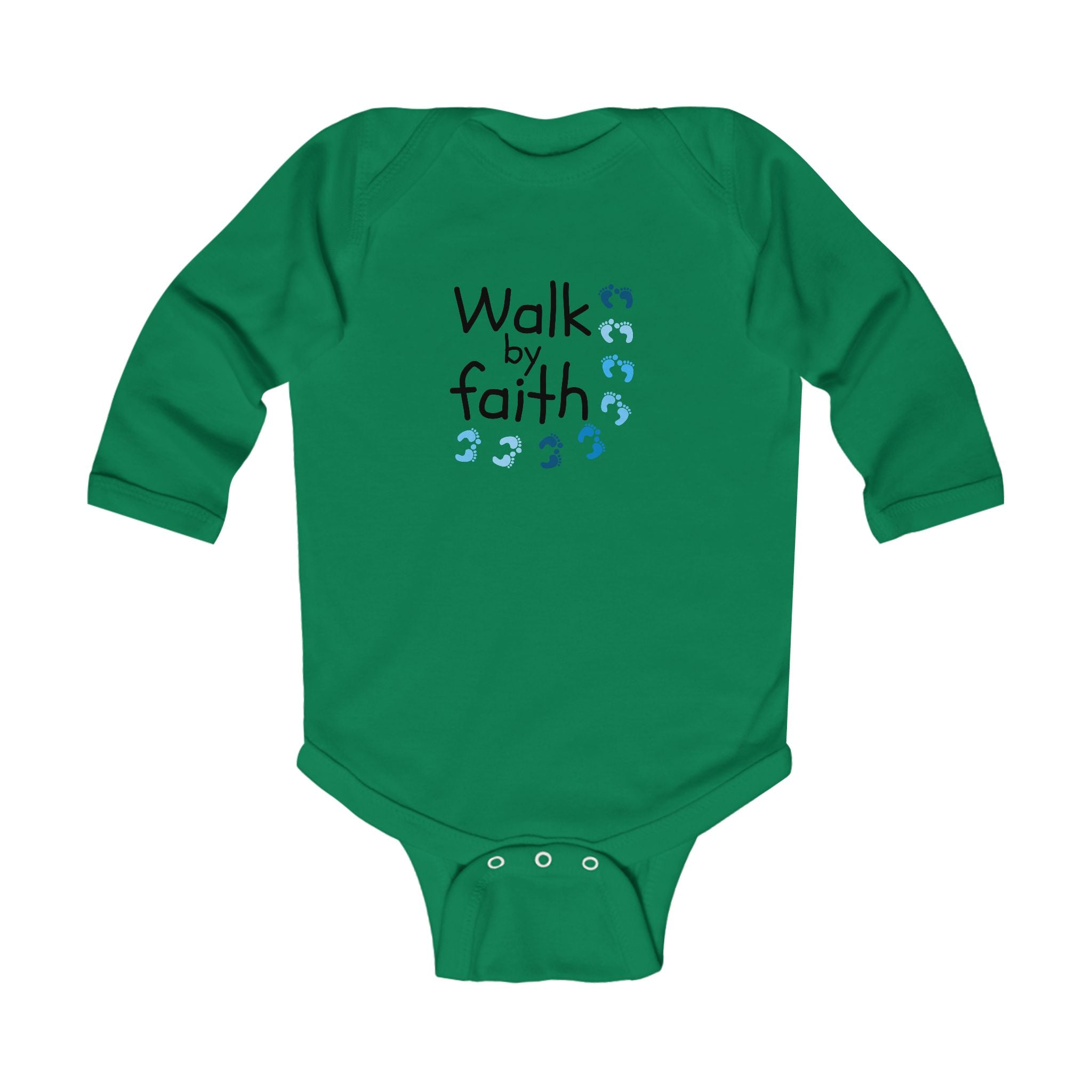 Infant Bodysuit - "Walk by Faith" Blue Footprints Long Sleeve Baby Onesie