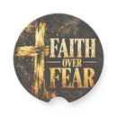 Faith Over Fear – Rustic Cross Christian Car Coaster