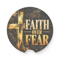 Faith Over Fear – Rustic Cross Christian Car Coaster
