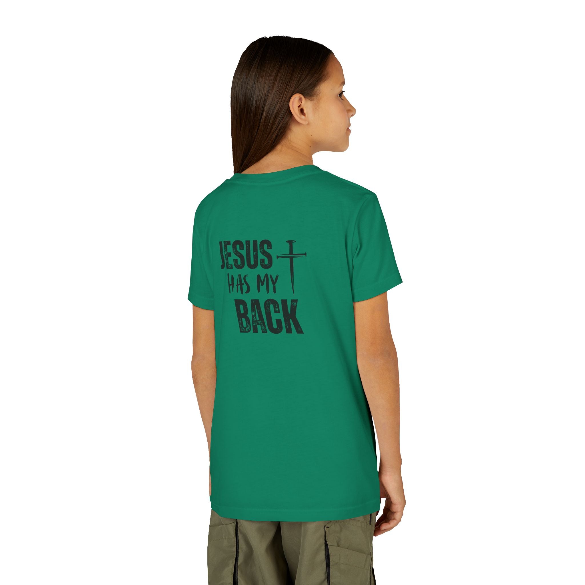 Back design - Youth Tee - "Jesus Has My Back" Cross Christian Graphic Shirt